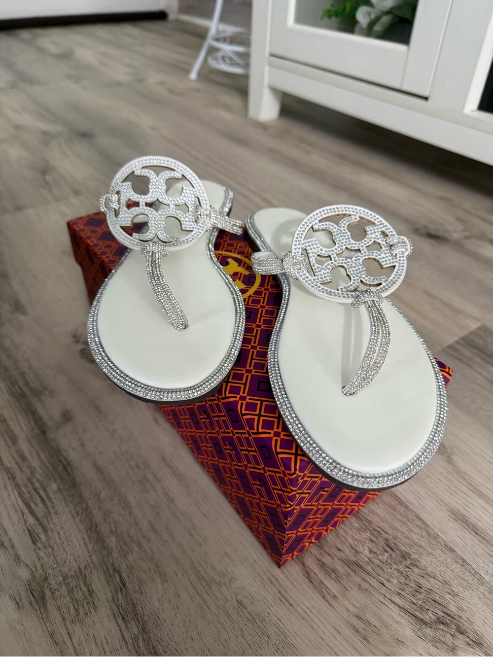 Embellished White Sparkle Thong Sandals